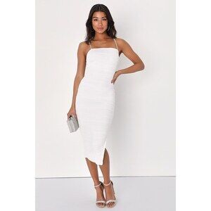 Lulus Flirty Instinct White Mesh Ruched Lace-up Bodycon Midi Dress - Size M